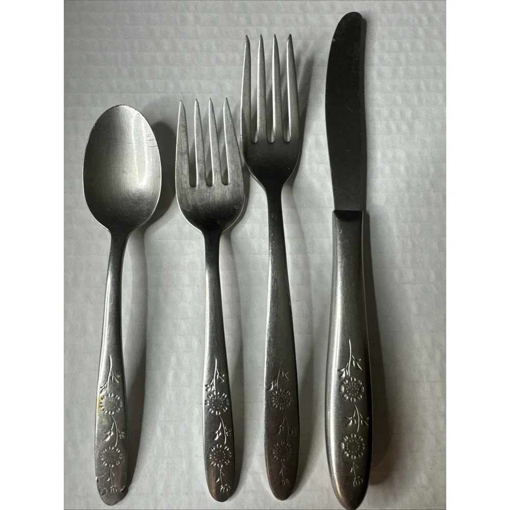 Sears WOOD DALE Stainless Floral Flatware Teaspoon Salad, Dinner Fork, Knife